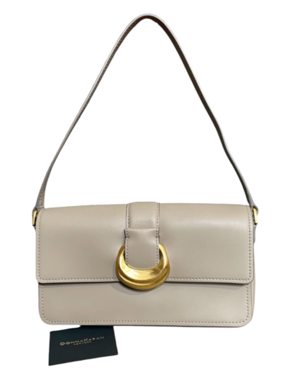 Donna Karan Valley Stream Taupe Leather Shoulder Bag Gold Accent Snap Closure